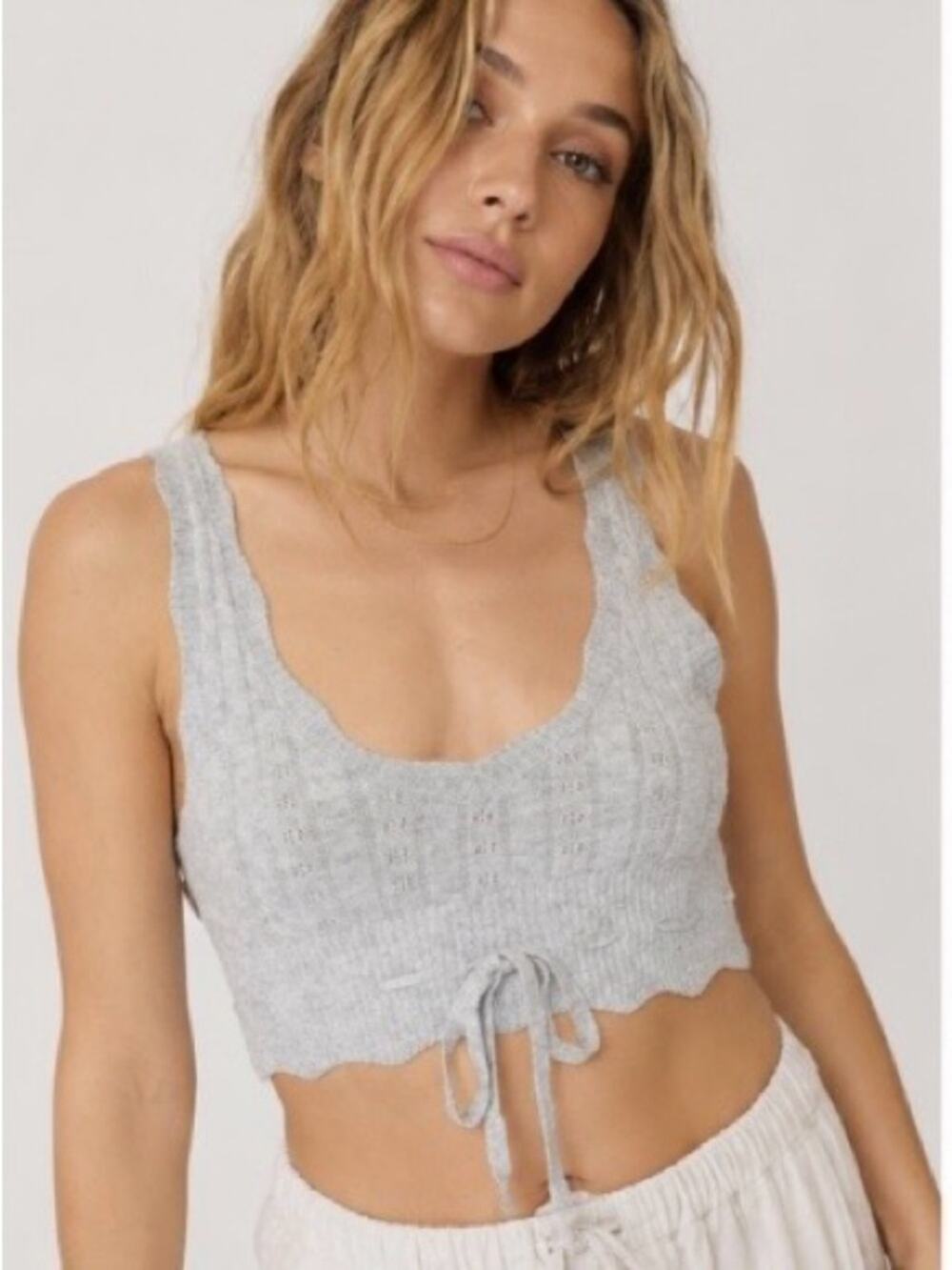 Spiritual Gangster Gray Pointelle Knit Tie Front Crop Tank XS Boho Cottagecore